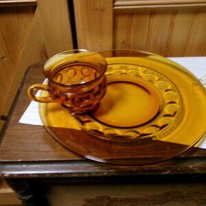 2 vtg King crown Imperial glass snack set cup plate two sets Amber